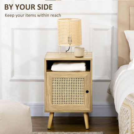 Set of 2 Rattan Bedside Tables with Cupboard and Shelf - Natural