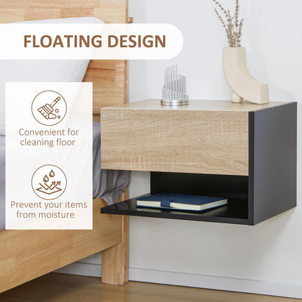 Floating Bedside Table Set of 2, Wall Mounted Bedside Cabinet with Drawer and Open Shelf, Modern Nightstand for Bedroom, 46 x 30 x 30 cm, Oak Tone