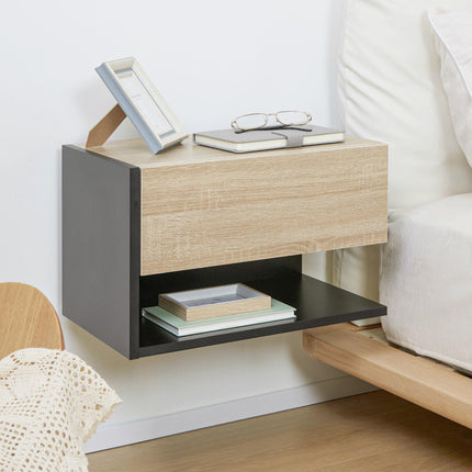 Floating Bedside Table Set of 2, Wall Mounted Bedside Cabinet with Drawer and Open Shelf, Modern Nightstand for Bedroom, 46 x 30 x 30 cm, Oak Tone