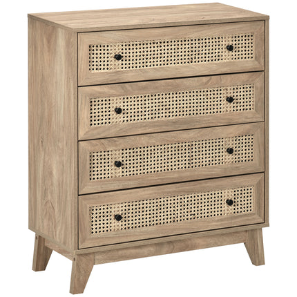 4-Drawer Storage Cabinet with Rattan Panels 80x35x95cm - Wood Effect