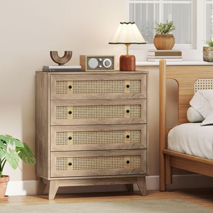 4-Drawer Storage Cabinet with Rattan Panels 80x35x95cm - Wood Effect