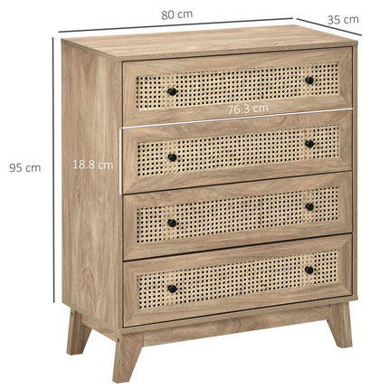 4-Drawer Storage Cabinet with Rattan Panels 80x35x95cm - Wood Effect