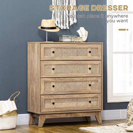 4-Drawer Storage Cabinet with Rattan Panels 80x35x95cm - Wood Effect