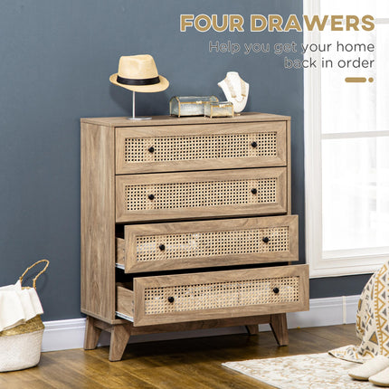 4-Drawer Storage Cabinet with Rattan Panels 80x35x95cm - Wood Effect