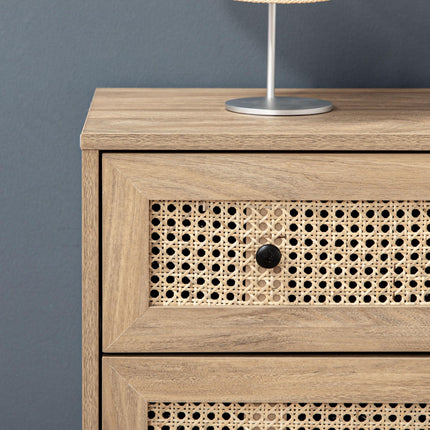 4-Drawer Storage Cabinet with Rattan Panels 80x35x95cm - Wood Effect