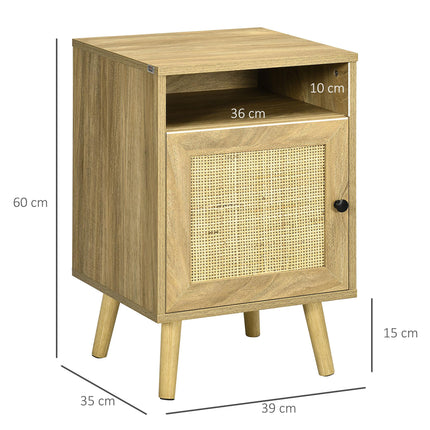 Bedside Table with Rattan Panel, Shelf & Cupboard 39x35x60cm - Natural
