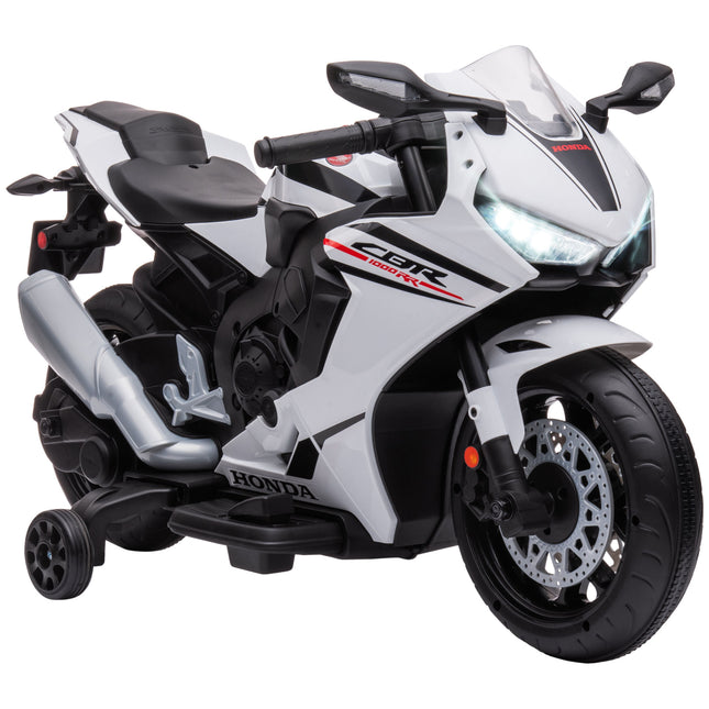Electric Ride On Kids Motorcycle with Headlights, Music & Training Wheels 6V Battery Powered for Ages 3-5 - White