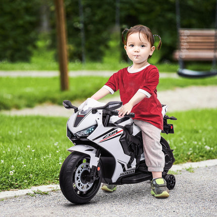 Electric Ride On Kids Motorcycle with Headlights, Music & Training Wheels 6V Battery Powered for Ages 3-5 - White