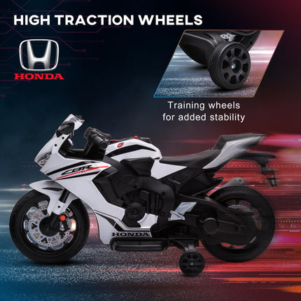 Electric Ride On Kids Motorcycle with Headlights, Music & Training Wheels 6V Battery Powered for Ages 3-5 - White
