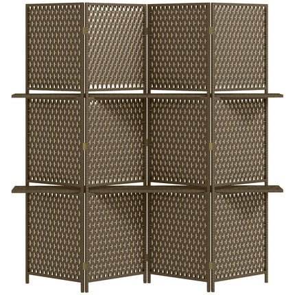 4-Panel Folding Room Divider with Shelves and Privacy Screen - Brown