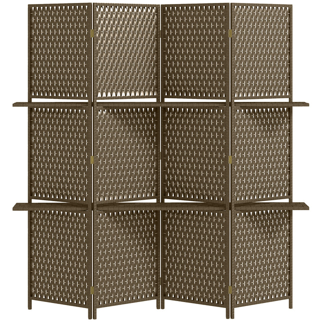 4-Panel Folding Room Divider with Shelves and Privacy Screen - Brown
