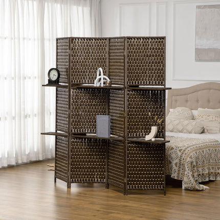 4-Panel Folding Room Divider with Shelves and Privacy Screen - Brown