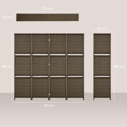 4-Panel Folding Room Divider with Shelves and Privacy Screen - Brown