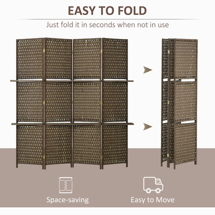 4-Panel Folding Room Divider with Shelves and Privacy Screen - Brown