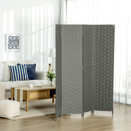 4-Panel Freestanding Folding Room Divider with Woven Wicker Effect, 170 cm - Grey