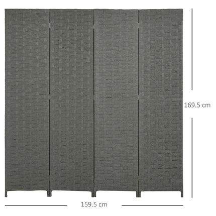 4-Panel Freestanding Folding Room Divider with Woven Wicker Effect, 170 cm - Grey