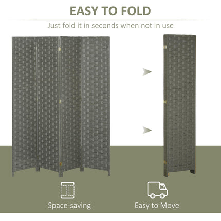 4-Panel Freestanding Folding Room Divider with Woven Wicker Effect, 170 cm - Grey