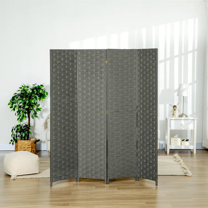 4-Panel Freestanding Folding Room Divider with Woven Wicker Effect, 170 cm - Grey