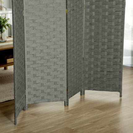 4-Panel Freestanding Folding Room Divider with Woven Wicker Effect, 170 cm - Grey