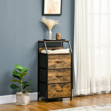 Industrial Storage Cabinet with 3 Fabric Drawers and Display Shelves - Rustic Brown
