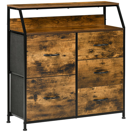 Industrial 5-Drawer Fabric Chest with Open Shelf for Bedroom & Living Room - Rustic Brown