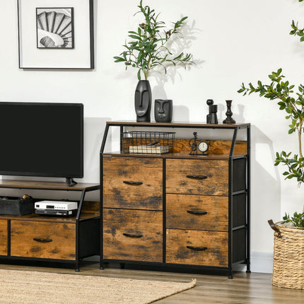 Industrial 5-Drawer Fabric Chest with Open Shelf for Bedroom & Living Room - Rustic Brown