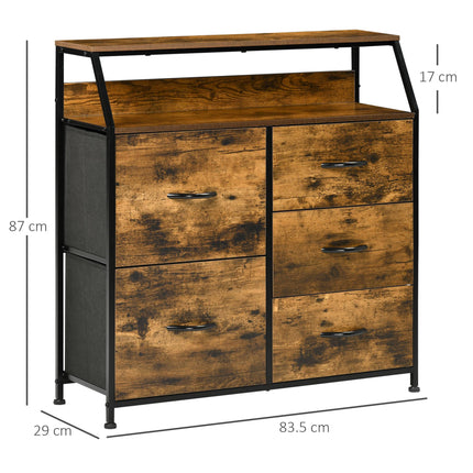 Industrial 5-Drawer Fabric Chest with Open Shelf for Bedroom & Living Room - Rustic Brown
