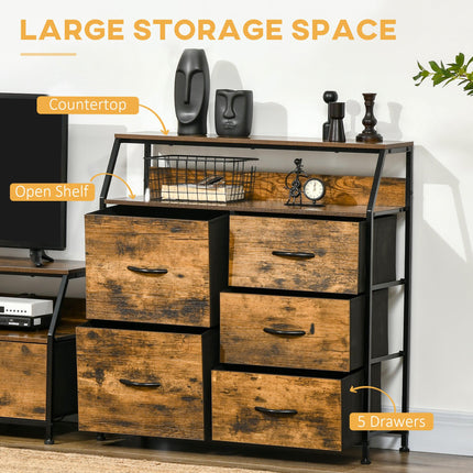 Industrial 5-Drawer Fabric Chest with Open Shelf for Bedroom & Living Room - Rustic Brown