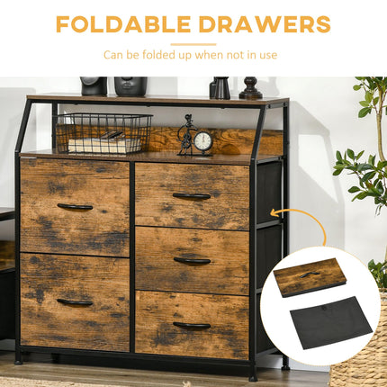 Industrial 5-Drawer Fabric Chest with Open Shelf for Bedroom & Living Room - Rustic Brown