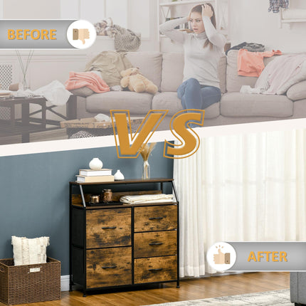 Industrial 5-Drawer Fabric Chest with Open Shelf for Bedroom & Living Room - Rustic Brown