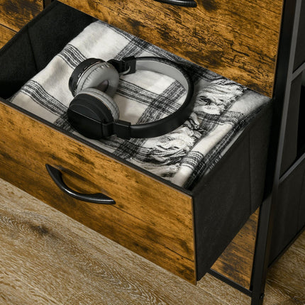 Industrial 5-Drawer Fabric Chest with Open Shelf for Bedroom & Living Room - Rustic Brown