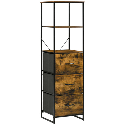 Industrial Tall Bookcase with 2 Open Shelves & 3 Foldable Fabric Drawers - Rustic Brown
