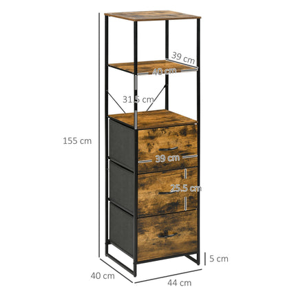 Industrial Tall Bookcase with 2 Open Shelves & 3 Foldable Fabric Drawers - Rustic Brown