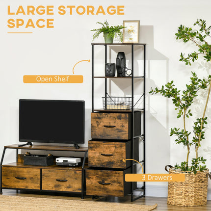 Industrial Tall Bookcase with 2 Open Shelves & 3 Foldable Fabric Drawers - Rustic Brown