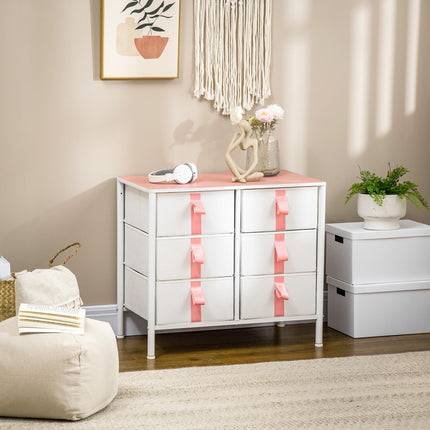 Chest of Drawers with 6 Fabric Drawers, Metal Frame & Wooden Top - Pink