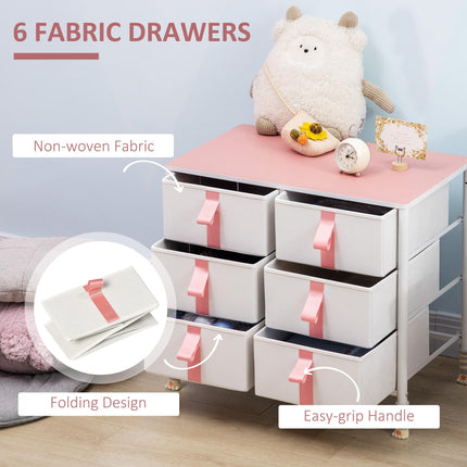 Chest of Drawers with 6 Fabric Drawers, Metal Frame & Wooden Top - Pink
