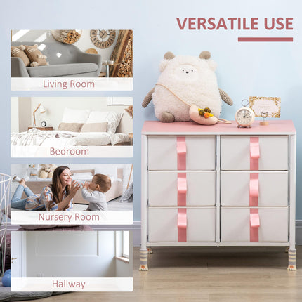 Chest of Drawers with 6 Fabric Drawers, Metal Frame & Wooden Top - Pink