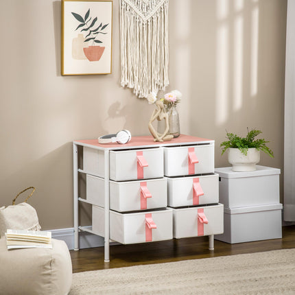 Chest of Drawers with 6 Fabric Drawers, Metal Frame & Wooden Top - Pink