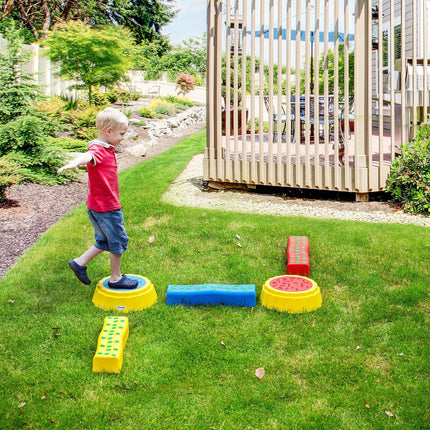 5 Piece Kids Balance Beam and Stackable Stepping Stones Set with Non-Slip Surface - Red, Yellow, Blue