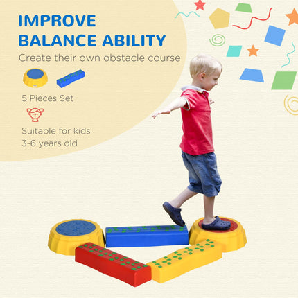 5 Piece Kids Balance Beam and Stackable Stepping Stones Set with Non-Slip Surface - Red, Yellow, Blue