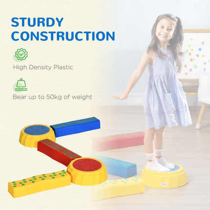 5 Piece Kids Balance Beam and Stackable Stepping Stones Set with Non-Slip Surface - Red, Yellow, Blue