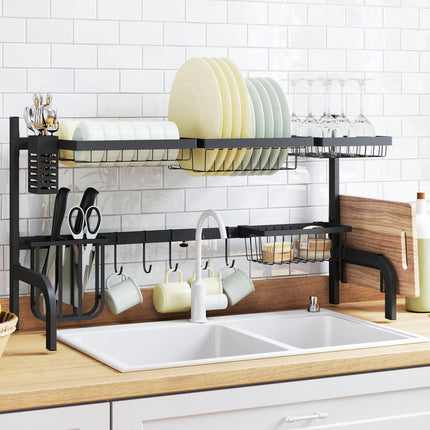 2 Tier Adjustable Over Sink Dish Drainer Rack Space Saving Design - Black