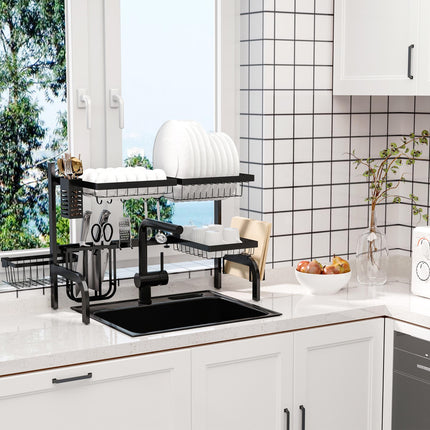 2 Tier Adjustable Over Sink Dish Drainer Rack Space Saving Design - Black