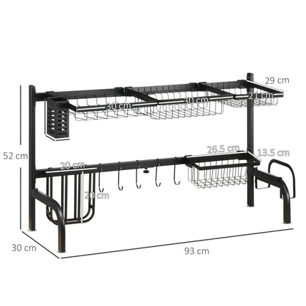 2 Tier Adjustable Over Sink Dish Drainer Rack Space Saving Design - Black