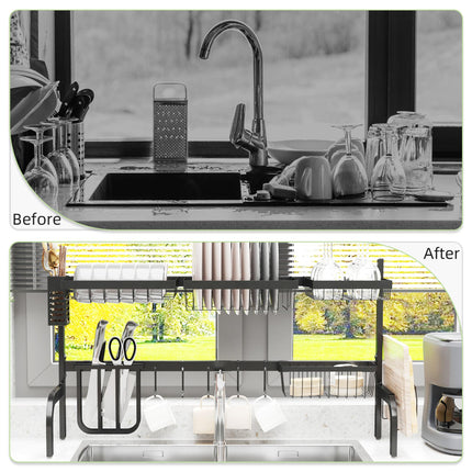 2 Tier Adjustable Over Sink Dish Drainer Rack Space Saving Design - Black