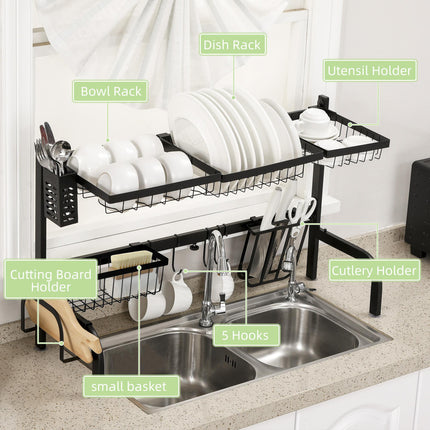 2 Tier Adjustable Over Sink Dish Drainer Rack Space Saving Design - Black