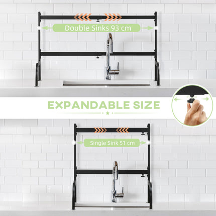 2 Tier Adjustable Over Sink Dish Drainer Rack Space Saving Design - Black