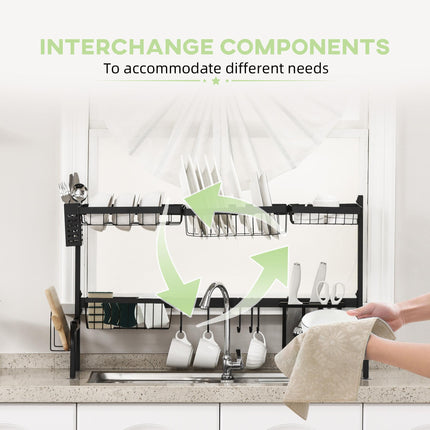 2 Tier Adjustable Over Sink Dish Drainer Rack Space Saving Design - Black