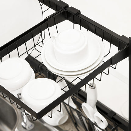 2 Tier Adjustable Over Sink Dish Drainer Rack Space Saving Design - Black