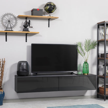 Floating TV Unit Stand for TVs up to 70" with High Gloss Doors and Storage Cupboards - Grey and Black
